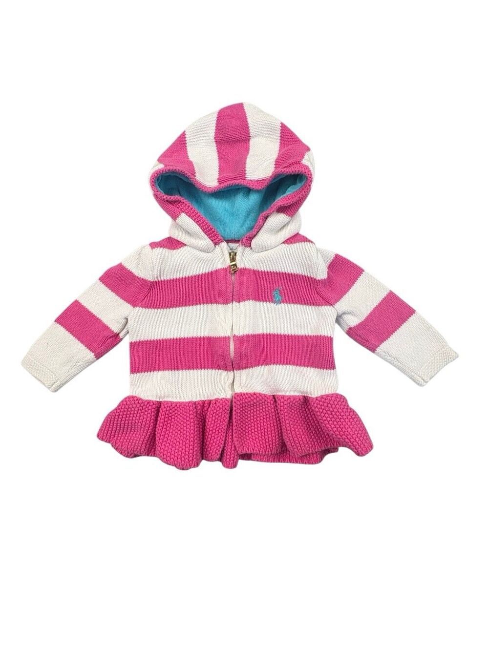Ralph Lauren Baby Girls 6M Pink White Striped Hooded Zip Sweater Ruffle Hem